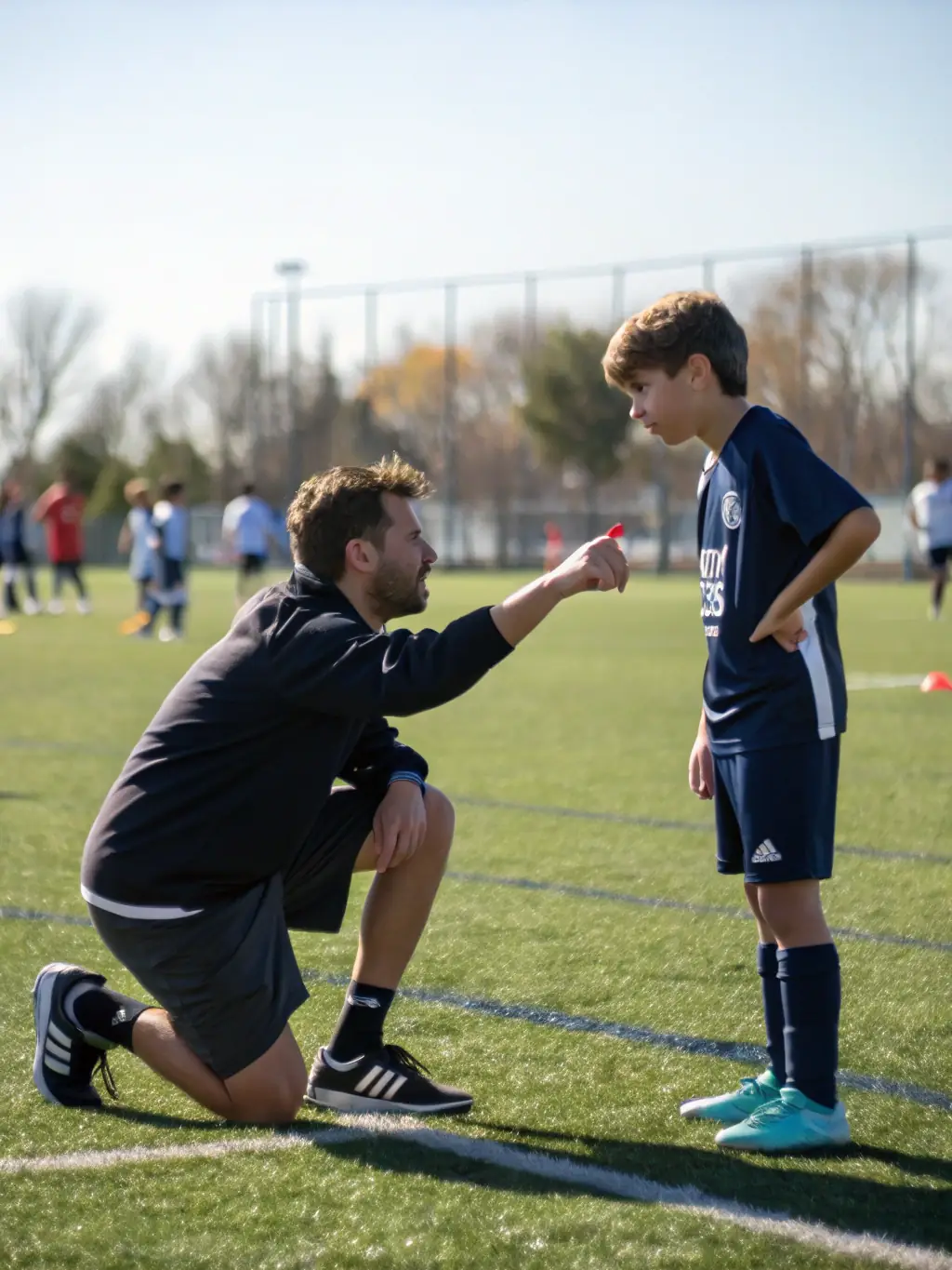 A coach mentoring young athletes during a training session, highlighting the discipline and personal development aspects of UNION SPORTIVE DE CHIRAC's activities.