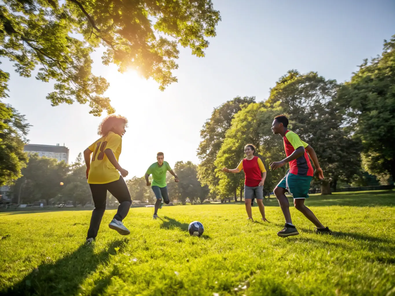 A group of adults engaged in a friendly football match, highlighting the community spirit and active lifestyle promoted by UNION SPORTIVE DE CHIRAC.