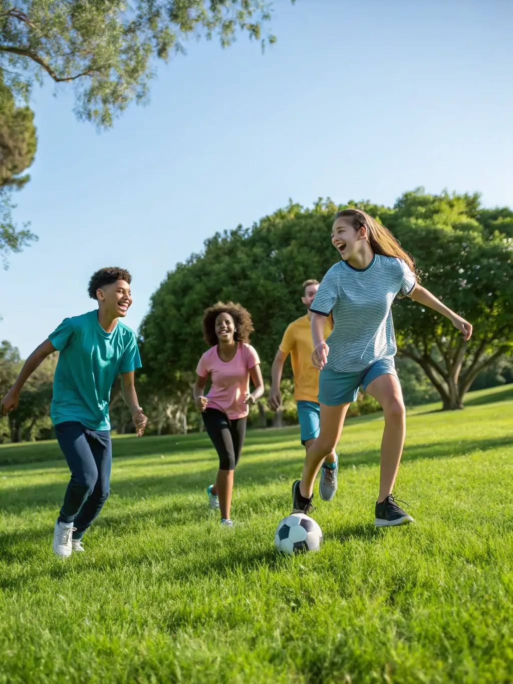 A group of children laughing and playing football together in a sunny park, showcasing the joy and inclusivity of UNION SPORTIVE DE CHIRAC's programs.