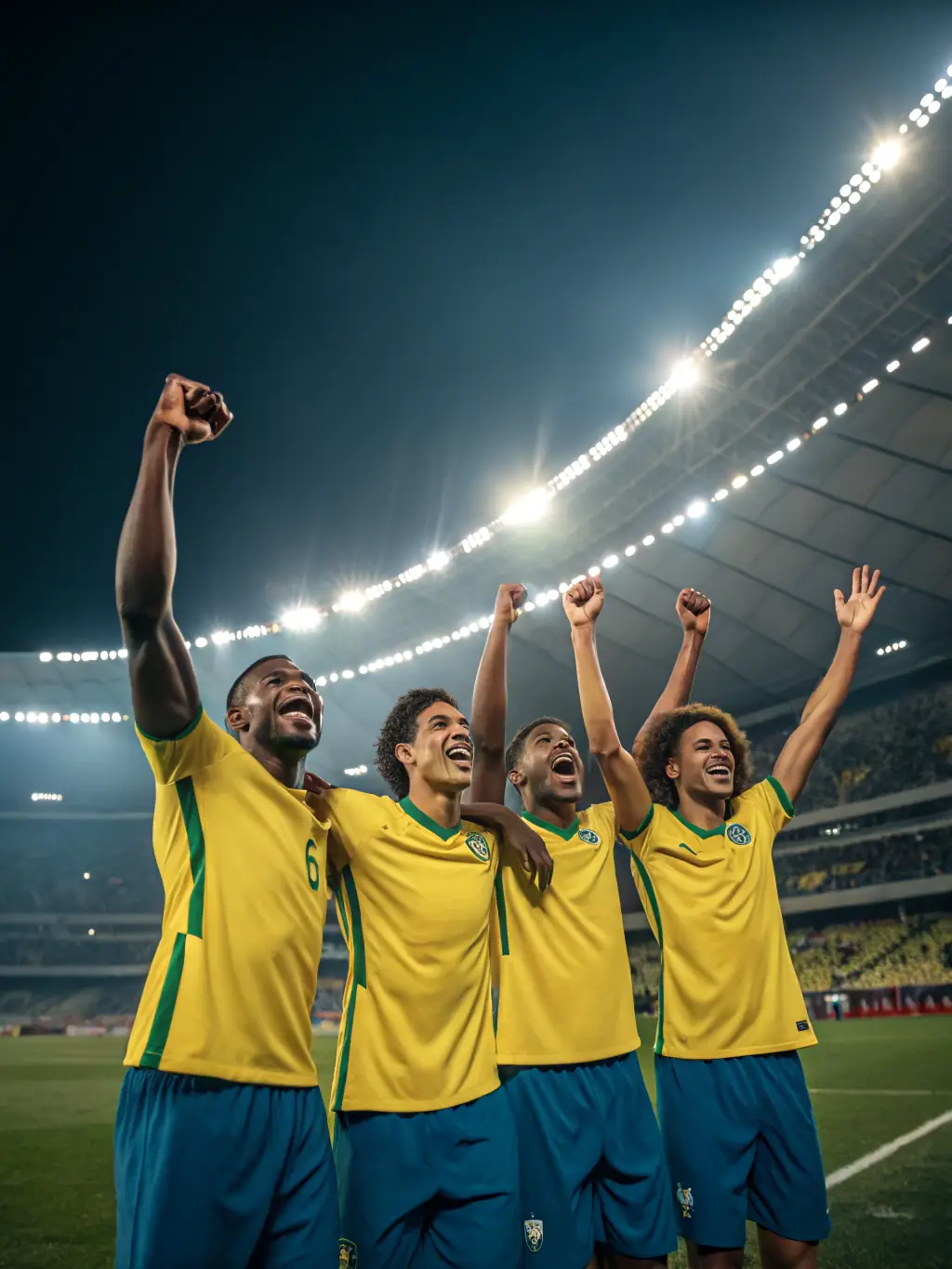 A diverse team of athletes celebrating a goal during a football match, emphasizing the spirit of teamwork and collaboration fostered by the organization.
