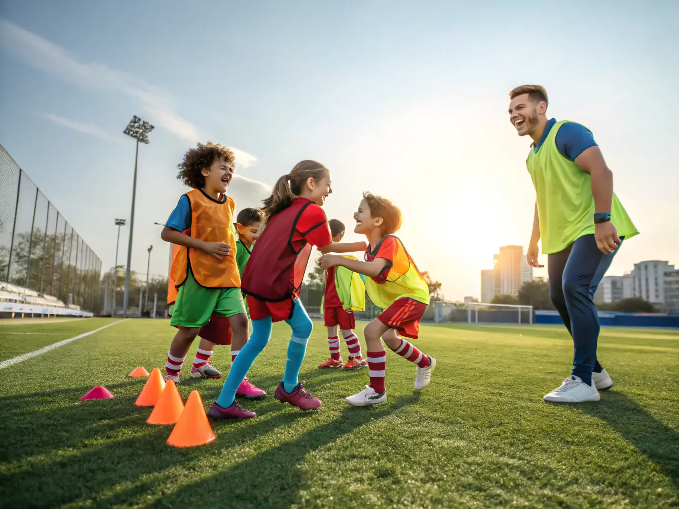 A dynamic shot of children and adults participating in a football training session, showcasing the inclusive nature of UNION SPORTIVE DE CHIRAC's programs.