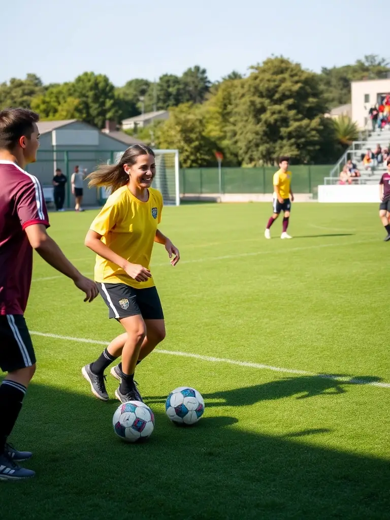 A dynamic image of adults playing a friendly game of football, emphasizing the inclusive and community-oriented environment at UNION SPORTIVE DE CHIRAC.