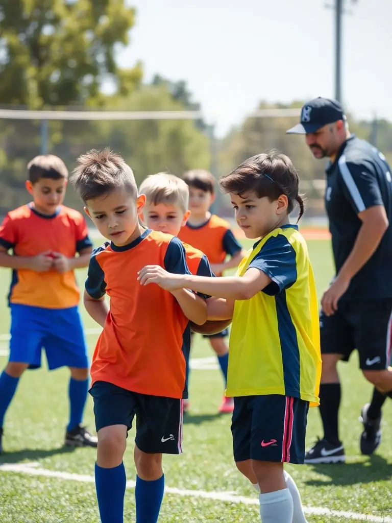 A vibrant image of children participating in a football training session, showcasing teamwork and active engagement at UNION SPORTIVE DE CHIRAC.